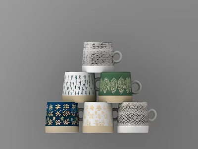Colorful Stacked Mugs With Various Patterns And Multiple Colors For Home Decor 3d model
