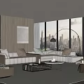 Modern Living Room With Large Windows City View Lshaped Sofa Throw Pillows And Floor Lamp