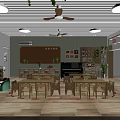 Kindergarten Classroom Interior With Wooden Tables Chairs Piano Green Plants And Toys
