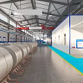 Industrial Factory Interior With Red Overhead Cranes Blue Floor Markings Equipment And Signage