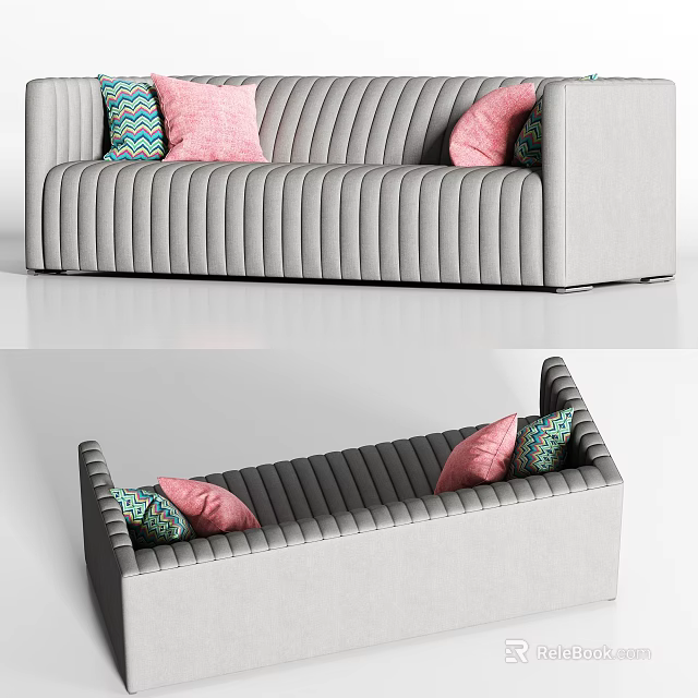 Modern Gray Striped Multi Seat Sofa With Pink And Teal Cushions 3d model