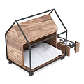 Modern Wooden Pet House With Metal Frame White Cushion And Food Bowls