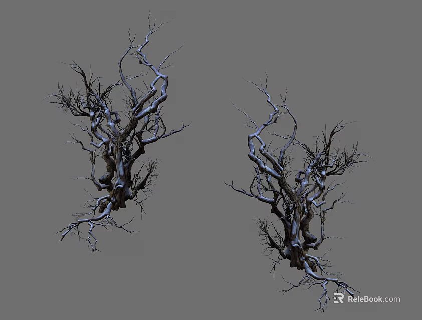 Natural Stone And Wood Dry Twisted Branches With Detailed Texture Against Gray Background 3d model 