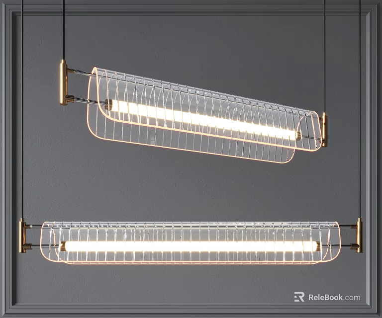 Modern Linear Pendant Chandeliers With Brass Frame And Glass Shade Hanging Design 3d model 