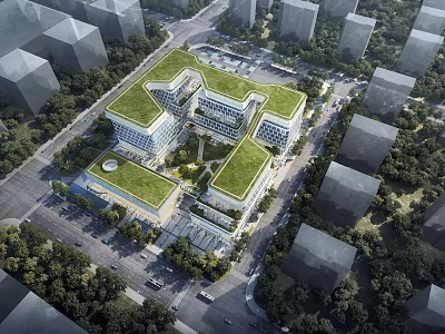 Aerial View Urban Planning With Modern Buildings Green Roofs And Surrounding Trees 3d model