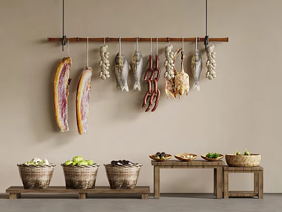 Dried Meats Vegetables and Fruits Display on Wooden Table with Hanging Rack 3d model