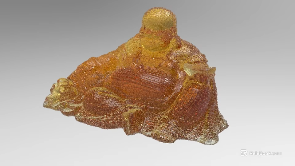Decorative Ornament Set with Smiling Seated Maitreya Buddha in Golden Amber Glass Design 3d model 