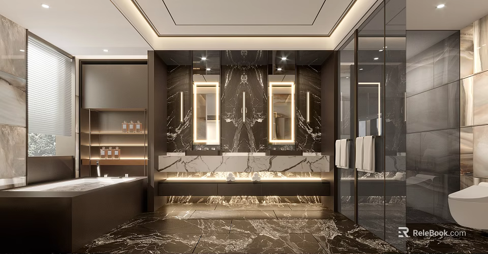 Modern Bathroom Interior With Marble Walls Floor Double Sinks Mirrors Bathtub And Glass Partition 3d model 