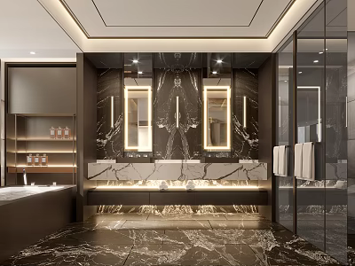 Modern Bathroom Interior With Marble Walls Floor Double Sinks Mirrors Bathtub And Glass Partition 3d model