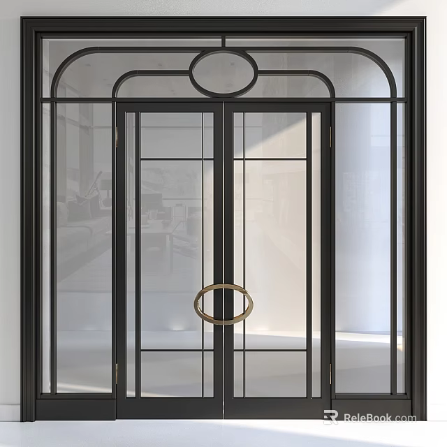 Modern Hinged Door With Black Metal Frame Glass Panel And Gold Circular Handle 3d model 