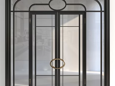 Modern Hinged Door With Black Metal Frame Glass Panel And Gold Circular Handle 3d model