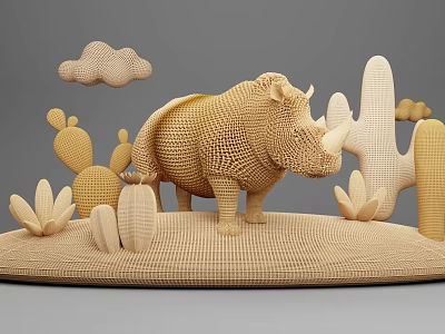 Wooden Rhinoceros Photo Spot with Cacti and Clouds Creative Sculpture Decorative 3d model