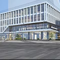 Modern Hotel Entrance Gate With Glass Facade And Landscaped Lawn Seating Area