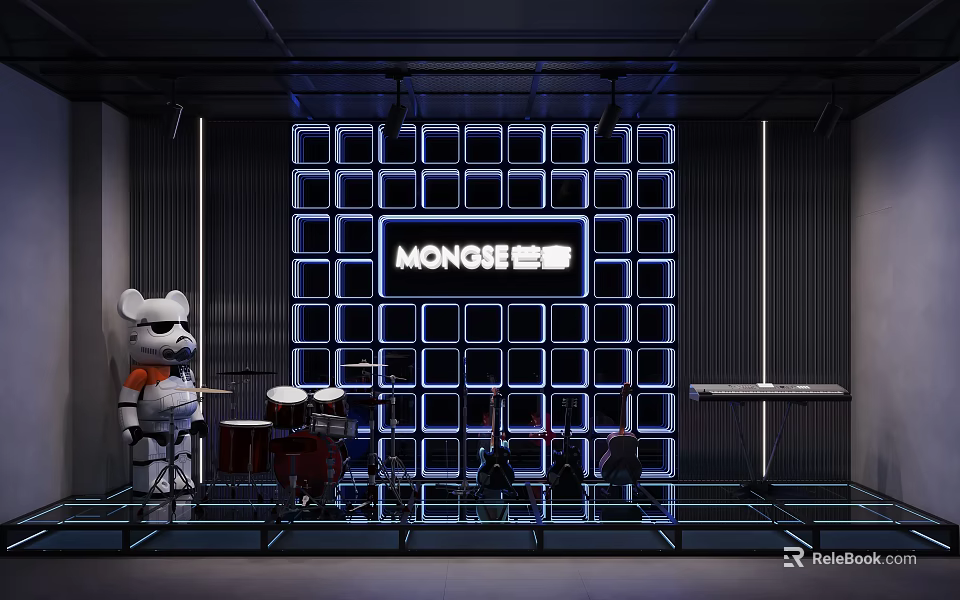 MONGEESE Display Area With Mouse Doll Musical Instruments And Blue Lit Square Wall 3d model 