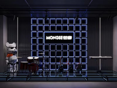 MONGEESE Display Area With Mouse Doll Musical Instruments And Blue Lit Square Wall 3d model