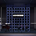MONGEESE Display Area With Mouse Doll Musical Instruments And Blue Lit Square Wall