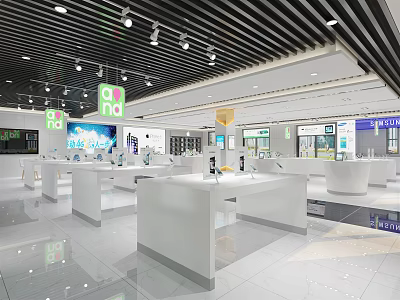 Modern Digital Store With White Display Counters Electronic Products And Ceiling Lights 3d model