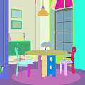 Round Wooden Table And Two Black Chairs with White Cushions and Flower Vase by Window