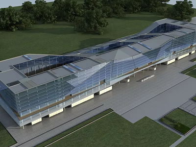 Modern Station Exterior with Glass Facade Curved Roof Design Green Lawn and Trees 3d model