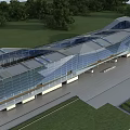 Modern Station Exterior with Glass Facade Curved Roof Design Green Lawn and Trees