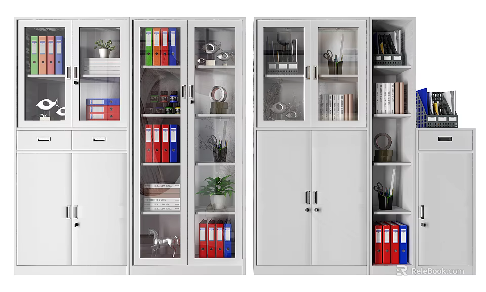White Bookcase With Glass Doors Multiple Shelves Books Folders And Decorations 3d model 