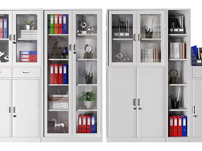 White Bookcase With Glass Doors Multiple Shelves Books Folders And Decorations 3d model