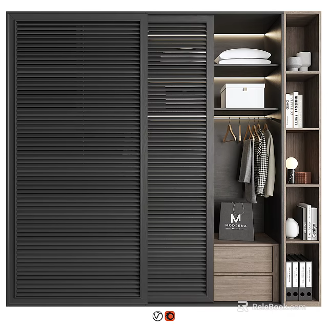 Black Louvered Door Wardrobe With Open Shelves Hanging Rods And Storage Boxes 3d model 