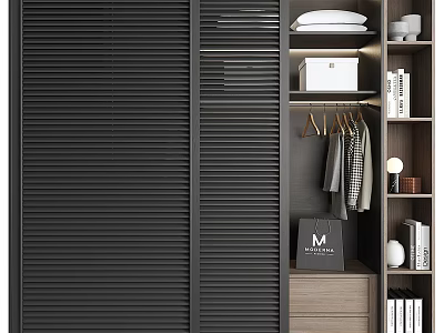 Black Louvered Door Wardrobe With Open Shelves Hanging Rods And Storage Boxes 3d model