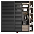 Black Louvered Door Wardrobe With Open Shelves Hanging Rods And Storage Boxes