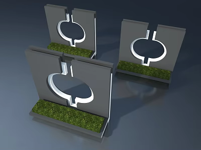 Three Gray Swing Doors With White Circular Design And Green Grass Base 3d model