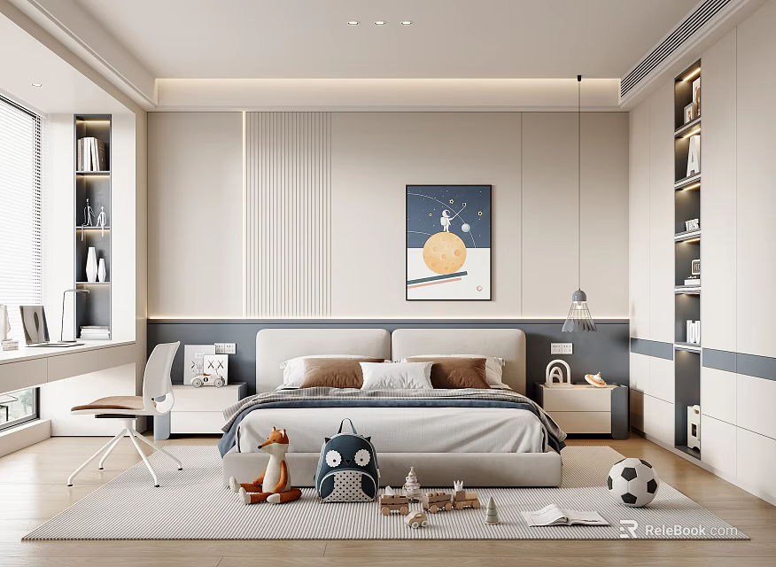 Modern Kids Room Interior With Bed Bookshelves Stuffed Toys And Soccer Ball 3d model 