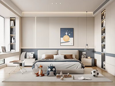 Modern Kids Room Interior With Bed Bookshelves Stuffed Toys And Soccer Ball 3d model