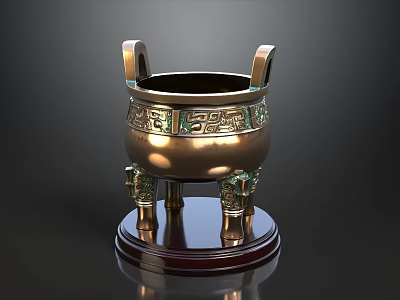 Vintage Bronze Censer With Green Patterns And Decorative Base Stand 3d model