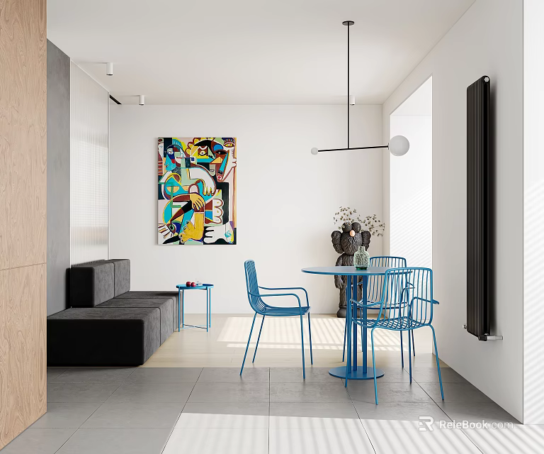 Modern Dining Living Room Interior With Blue Chairs Table Black Sofa And Colorful Abstract Art 3d model 