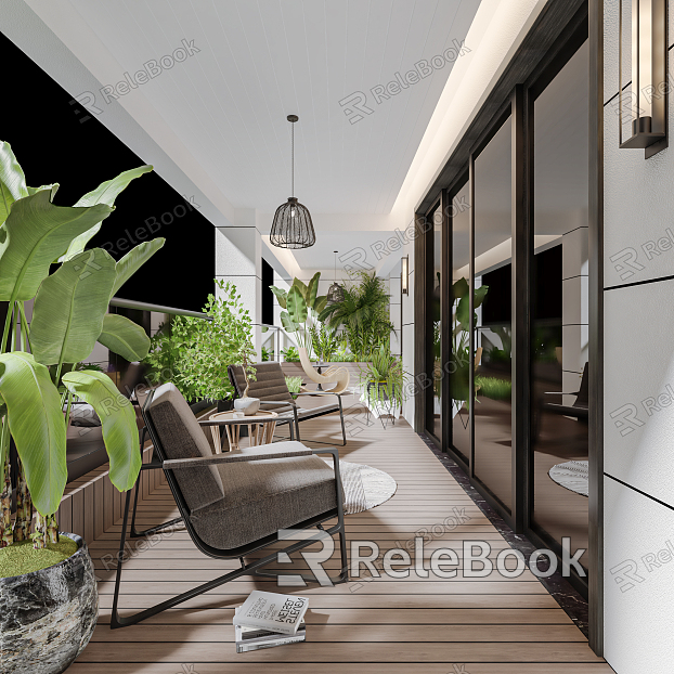 Modern Balcony Home Balcony Leisure Chair Green Planting Leisure Rocking Chair Washing Machine Wash Basin model