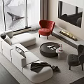 Modern Sofa Coffee Table Set with White L shaped Sofa Black Round Table Red Dark Armchairs 3d model