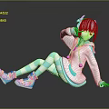 Anime Creature Character With White Hair Turquoise Outfit Striped Socks And Pink Sneakers Sitting Pose
