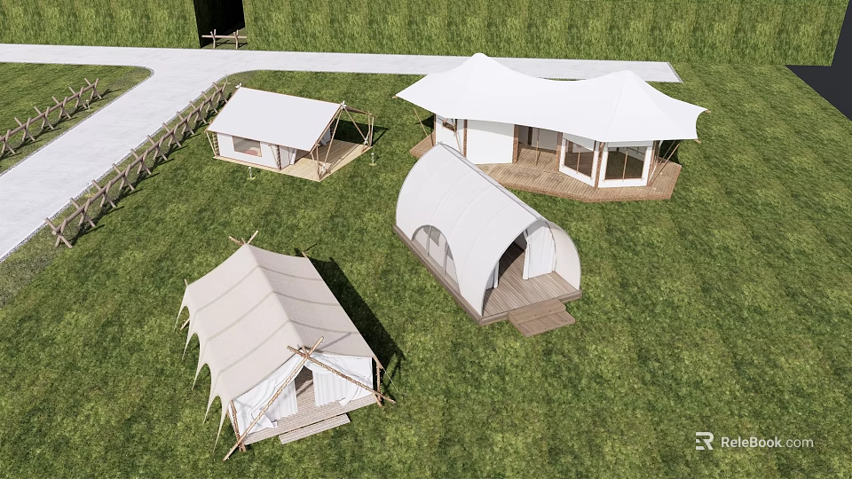 Outdoor Leisure Canopies With Various Designs On Green Lawn And Wooden Platforms 3d model 