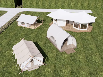 Outdoor Leisure Canopies With Various Designs On Green Lawn And Wooden Platforms 3d model