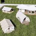 Outdoor Leisure Canopies With Various Designs On Green Lawn And Wooden Platforms