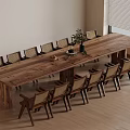 Minimalist Interior With Long Wooden Table Multiple Chairs Plant Decorations And Window Blinds