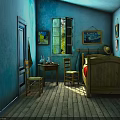 Blue Room Interior With Wooden Bed Table Chairs Window Wall Paintings And Wooden Floor