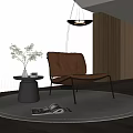 Modern Brown Leather Leisure Chair In Minimalist Interior With Small Side Table And Green Plant