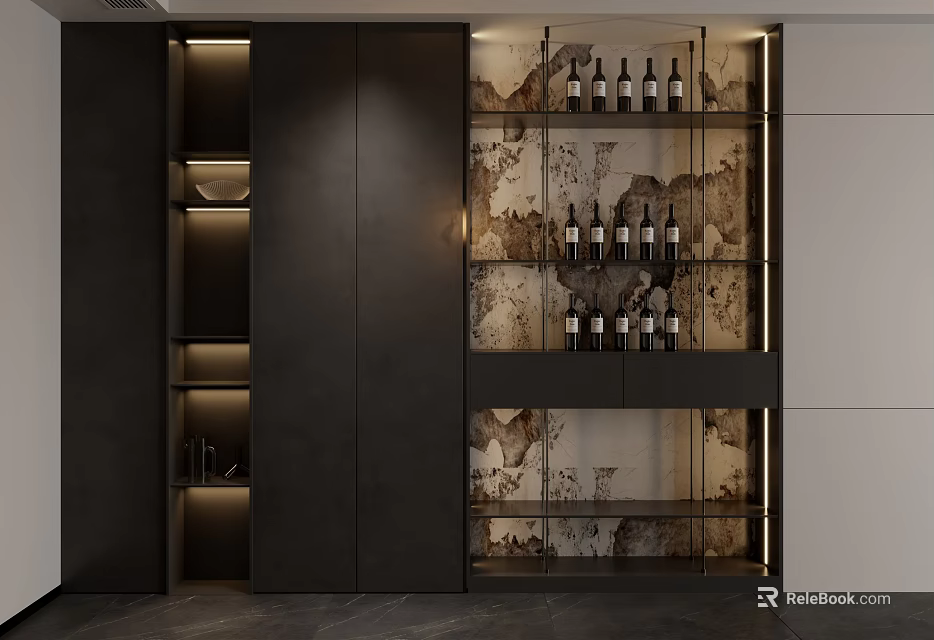 Modern Wine Cabinet Featuring Glass Door Wine Bottles Textured Backdrop And Built in Lighting 3d model 