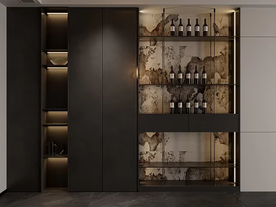 Modern Wine Cabinet Featuring Glass Door Wine Bottles Textured Backdrop And Built in Lighting 3d model