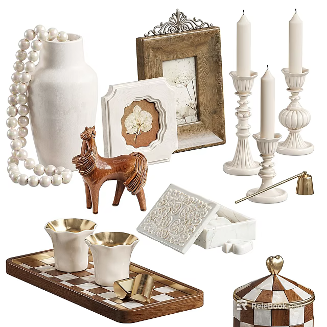 Decorative Ornament Set With White Vase Pearl Necklace Wooden Horse Photo Frames And Candle Holders 3d model 