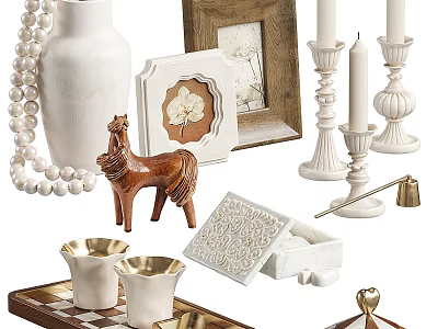 Decorative Ornament Set With White Vase Pearl Necklace Wooden Horse Photo Frames And Candle Holders 3d model