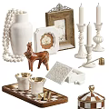 Decorative Ornament Set With White Vase Pearl Necklace Wooden Horse Photo Frames And Candle Holders