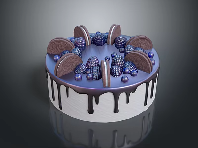 Delicious Chocolate Drizzle Cake Topped With Cookies Berries And Decorative Beads 3d model