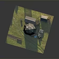 Ancient Stone Windmill Surrounded By Green Grassland Path And Small Hut